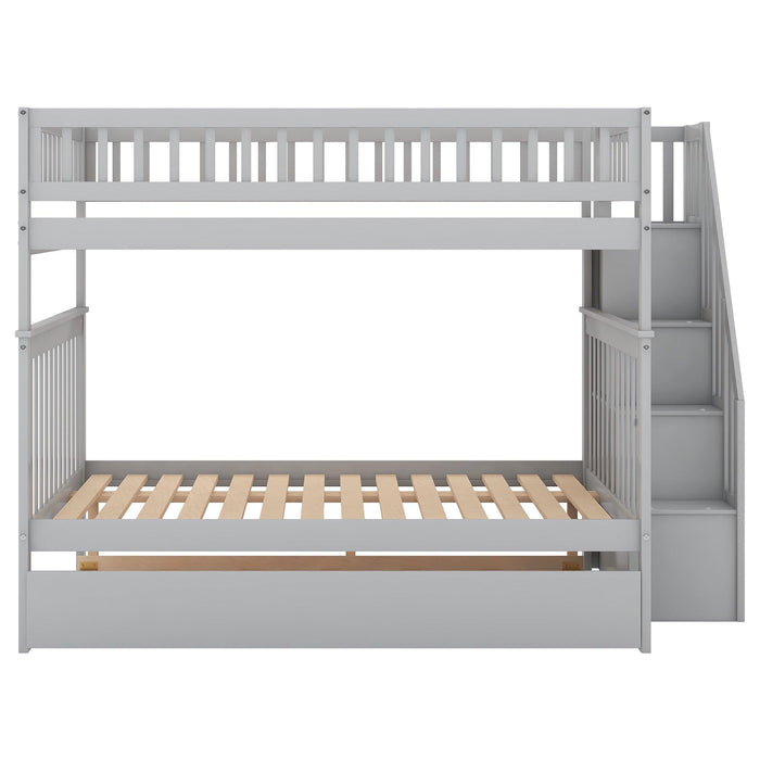 Full over Full Bunk Bed with Twin Size Trundle andStorage Staircase - Gray
