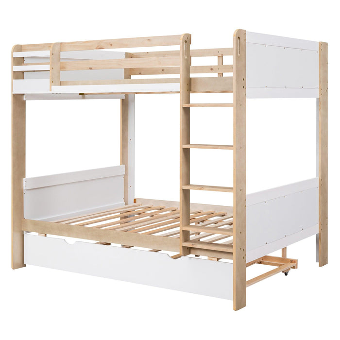 Full over Full Bunk Bed withStorage Shelves, Twin Size Trundle and Ladder - White