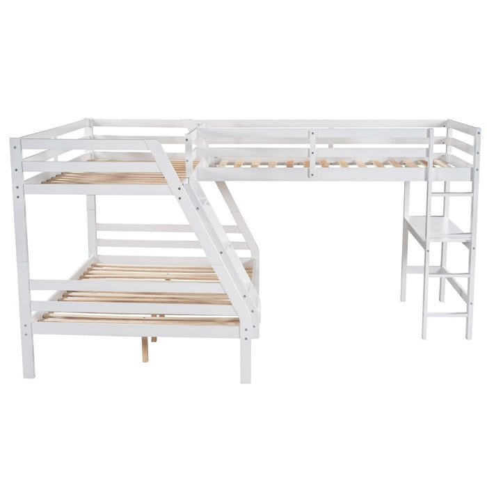 Twin over Full L-Shaped Bunk Bed and Twin Size Loft Bed and Built-in Desk - White