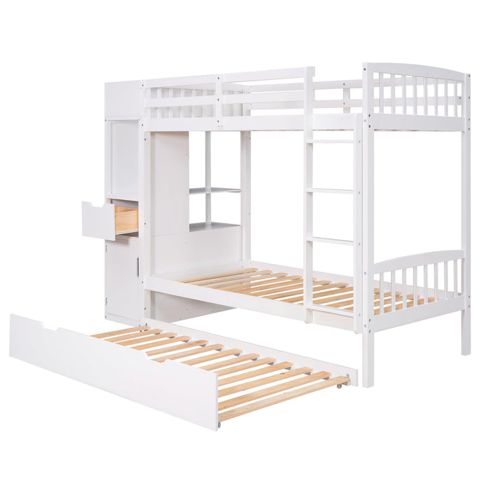 Twin over Twin Bunk Bed with Twin Size Trundle and Attached MultifunctionalStorage - White