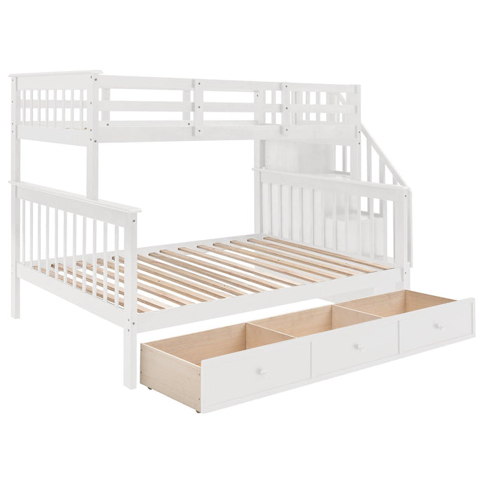 Twin Over Full Bunk Bed with Drawer andStorage Staircase - White