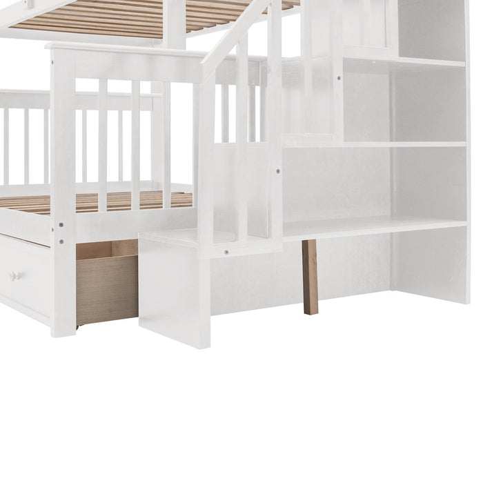 Twin Over Full Bunk Bed with Drawer andStorage Staircase - White