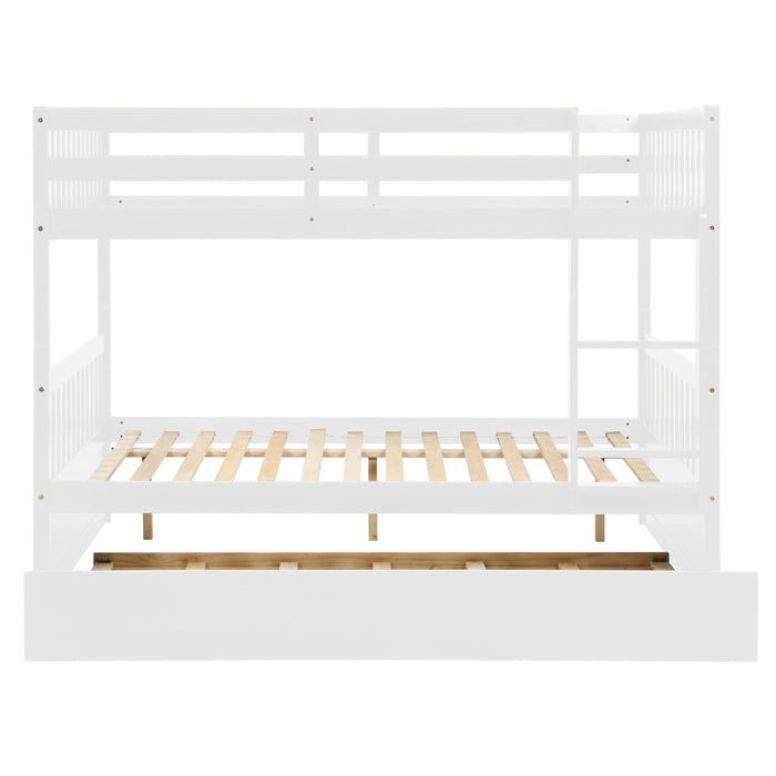 Full Over Full Convertible Bunk Bed with Twin Size Trundle and Safety Rails - White