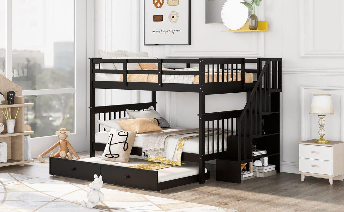 Full Over Full Bunk Bed with Twin Size Trundle,Storage Staircase and Guard Rail  - Espresso