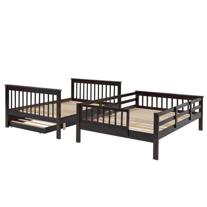 Full Over Full Bunk Bed with Twin Size Trundle,Storage Staircase and Guard Rail  - Espresso
