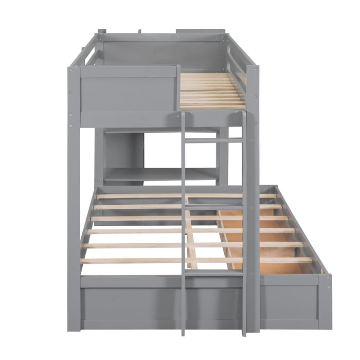 Twin over Full Bunk Bed with Drawers, Shelves, Drawers, and L-shaped Desk - Gray