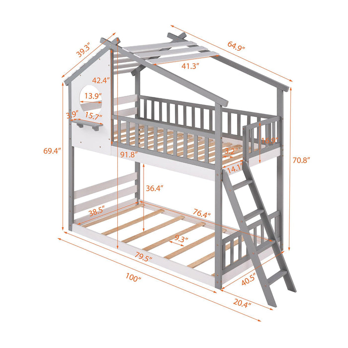 Twin Over Twin Low House Shaped Bunk Bed with Window and Ladder - Gray