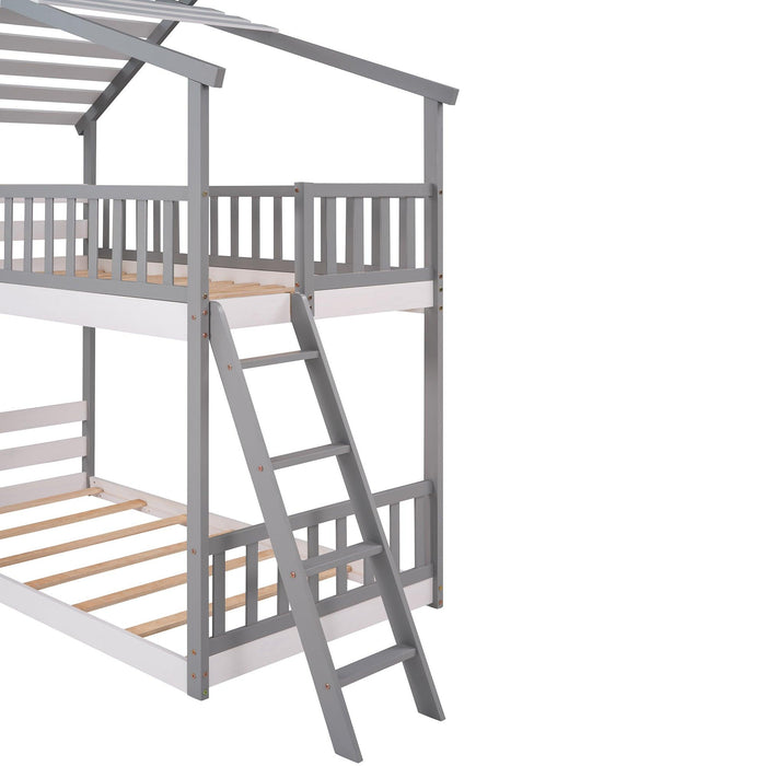 Twin Over Twin Low House Shaped Bunk Bed with Window and Ladder - Gray
