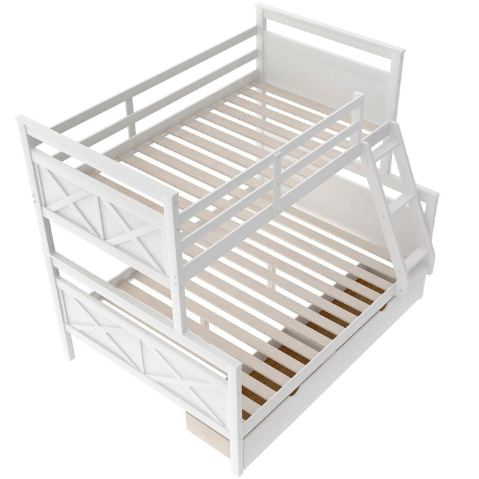 Twin over Full Bunk Bed with Ladder, TwoStorage Drawers and Safety Guardrail - White