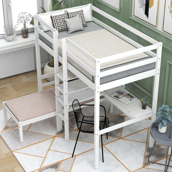 Convertible Loft Bed with L-Shape Desk, Twin Bunk Bed with Shelves and Ladder - White