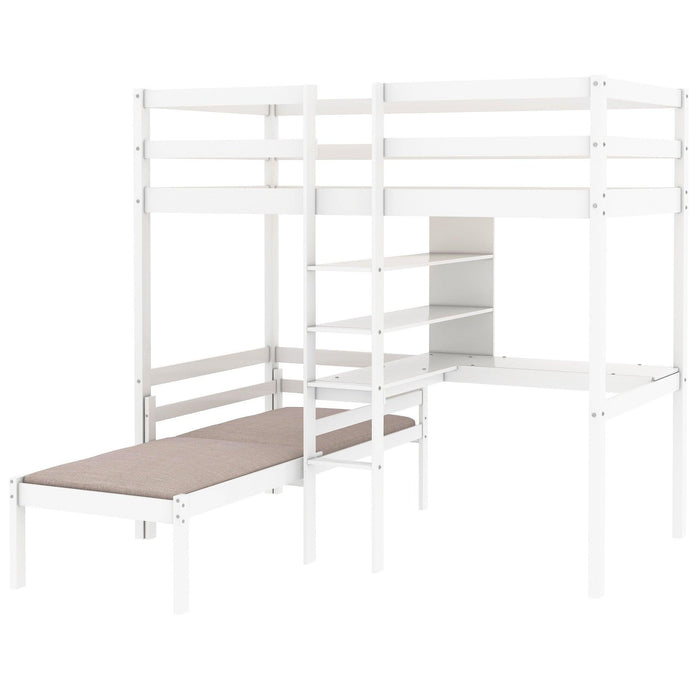 Convertible Loft Bed with L-Shape Desk, Twin Bunk Bed with Shelves and Ladder - White