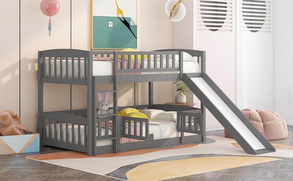 Twin over Twin Low Bunk Bed with Slide, Fence and Ladder - Gray