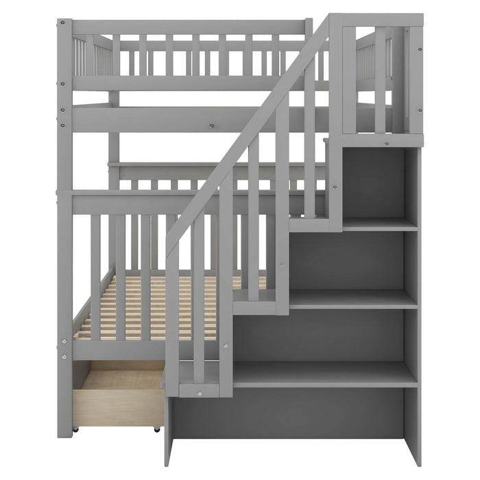 Full over Full Bunk Bed with Two Drawers andStorage Staircase - Gray
