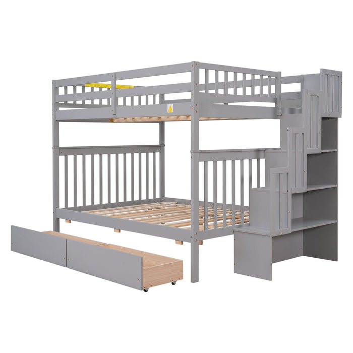 Full Over Full Convertible Bunk Bed with Drawers,Storage Staircase, Head and Footboard - Gray