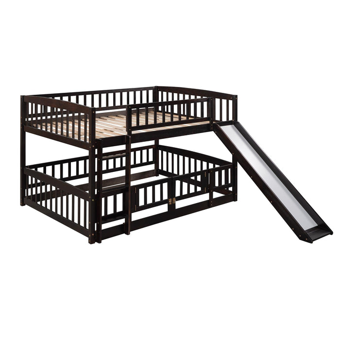 Full over Full Low Bunk Bed with Slide, Fence and Ladder - Espresso