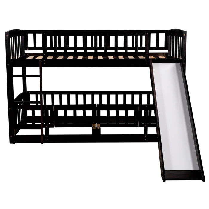 Twin over Twin Low Bunk Bed with Slide, Fence and Ladder - Espresso