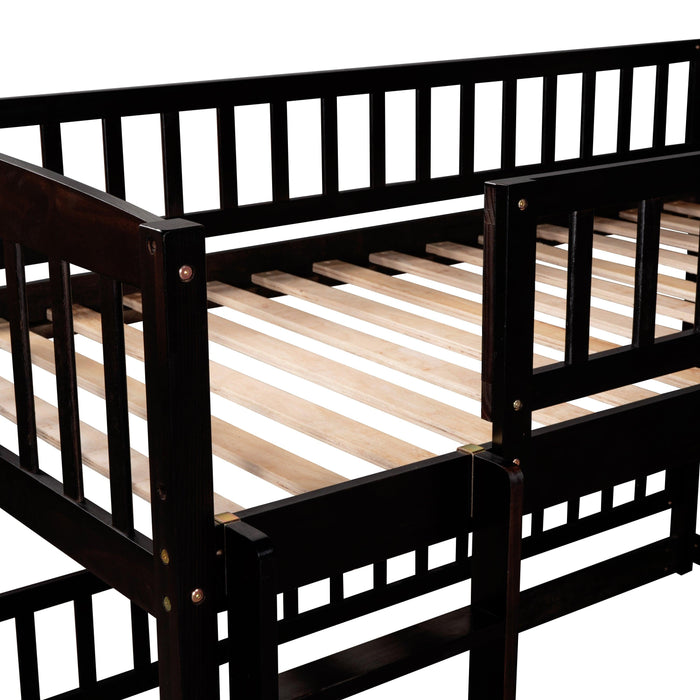 Twin over Twin Low Bunk Bed with Slide, Fence and Ladder - Espresso