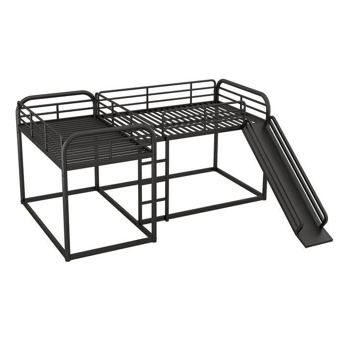Full and Twin Size Low L-Shaped Bunk Bed with Slide and Ladder - Black