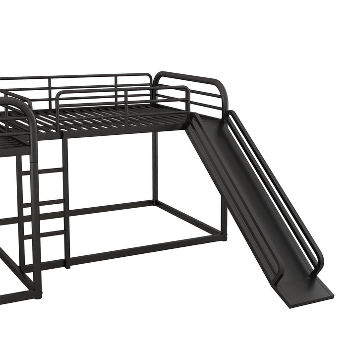 Full and Twin Size Low L-Shaped Bunk Bed with Slide and Ladder - Black