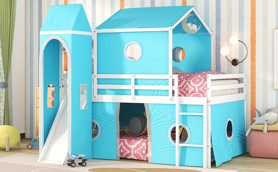 Full over Full House Shaped Bunk Bed with Slide Tent and Tower - Blue
