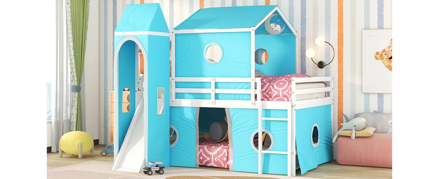 Full over Full House Shaped Bunk Bed with Slide Tent and Tower - Blue