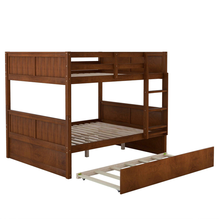 Full Over Full Bunk Bed with Twin Size Trundle, Ladder, Head and Footboard - Walnut