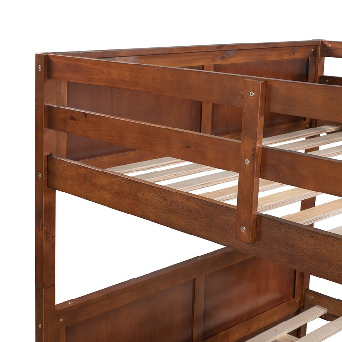 Full Over Full Bunk Bed with Twin Size Trundle, Ladder, Head and Footboard - Walnut