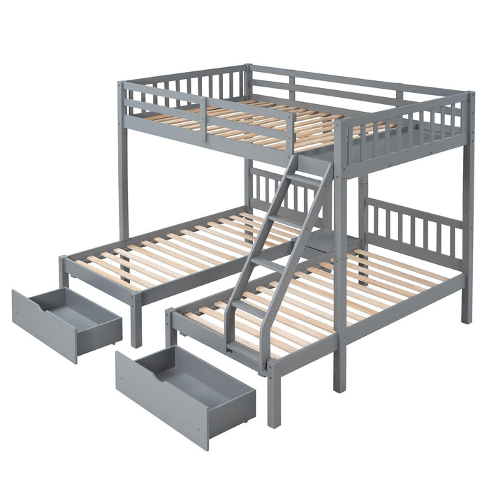 Full Over Twin and  Twin Bunk Bed with Drawers and Guardrails - Gray