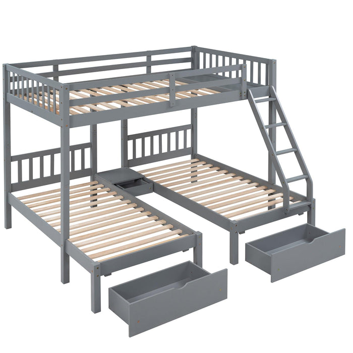 Full Over Twin and  Twin Bunk Bed with Drawers and Guardrails - Gray