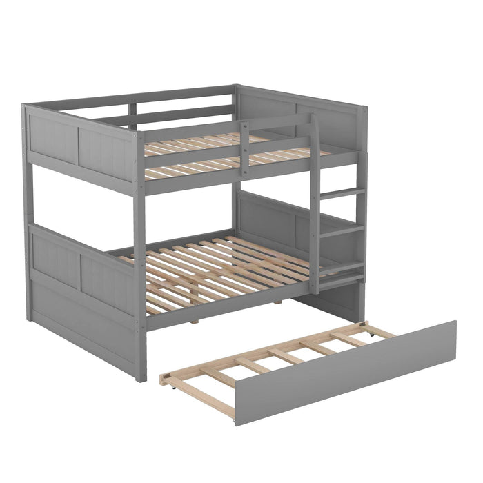 Full Over Full Bunk Bed with Twin Size Trundle, Ladder, Head and Footboard - Gray