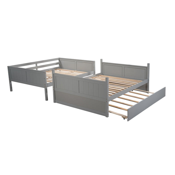 Full Over Full Bunk Bed with Twin Size Trundle, Ladder, Head and Footboard - Gray