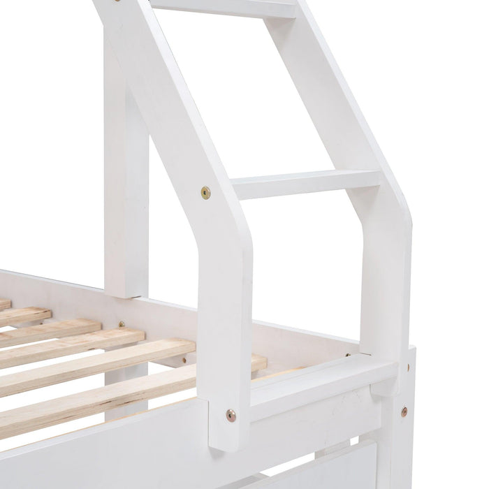 Full Over Twin and  Twin Bunk Bed with Drawers and Guardrails - White