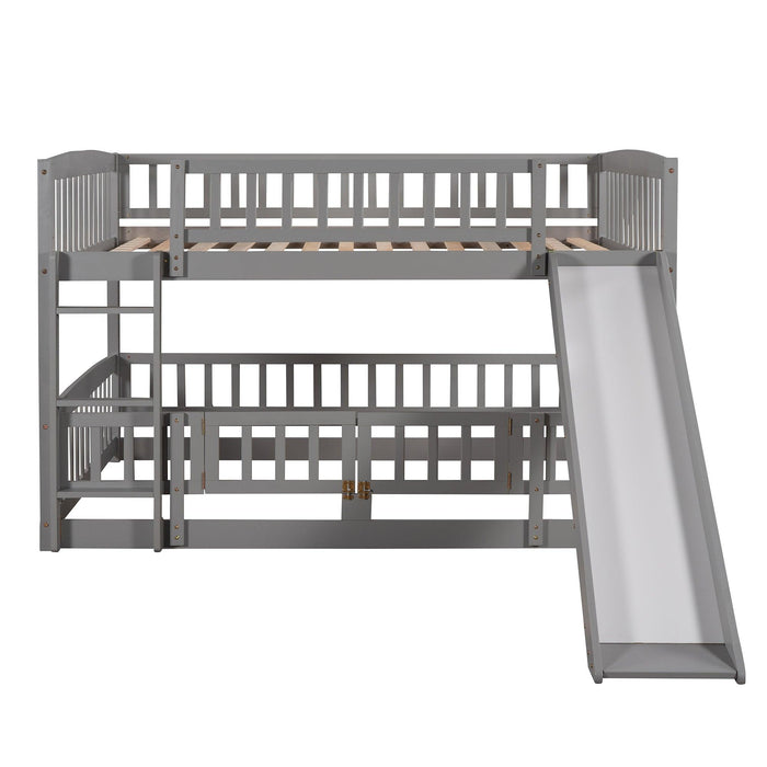 Full over Full Low Bunk Bed with Slide, Fence and Ladder - Gray