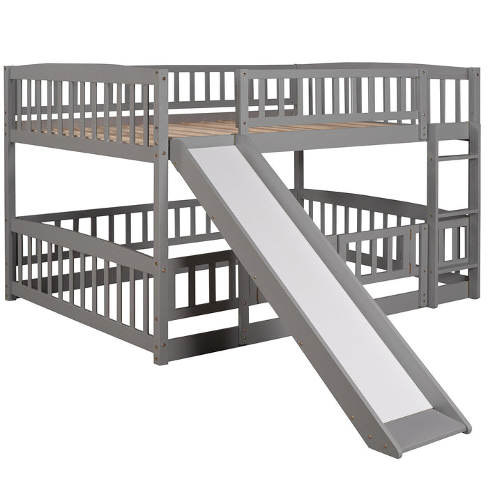 Full over Full Low Bunk Bed with Slide, Fence and Ladder - Gray