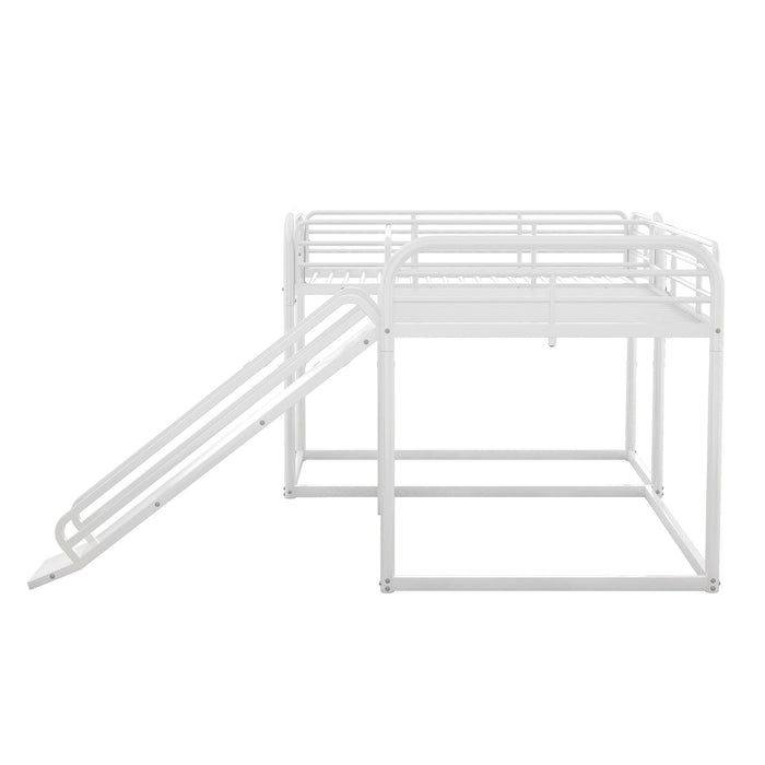 Full and Twin Size Low L-Shaped Bunk Bed with Slide and Ladder - White