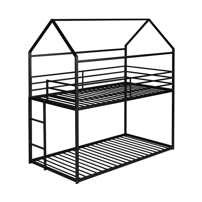 Twin over Twin Metal House Shaped Bunk Beds with Built-in Ladder - Black