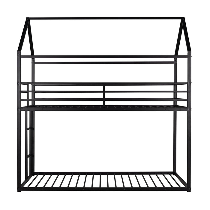 Twin over Twin Metal House Shaped Bunk Beds with Built-in Ladder - Black