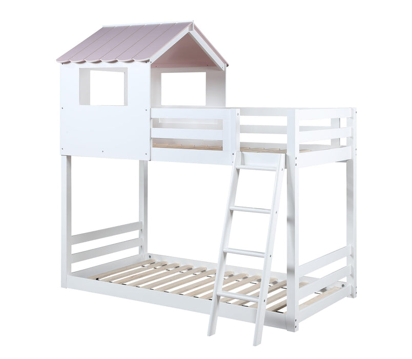 ACME Solenne Twin over Twin House Shaped Bunk Bed - White and Pink