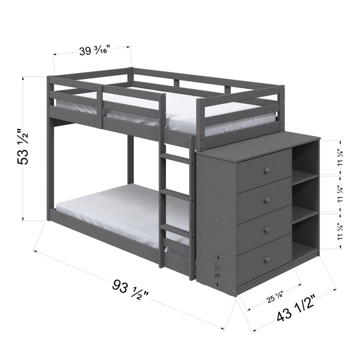 ACME Gaston Twin over Twin Low Bunk Bed with Cabinet - Gray Finish