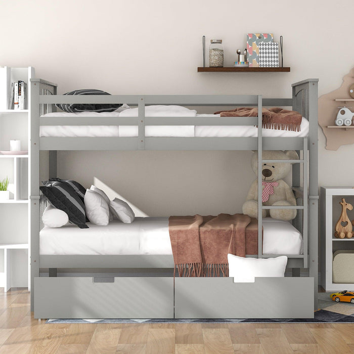 Full over Full Bunk Bed with Drawers and Ladder - Gray