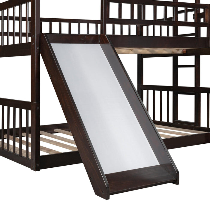 Full Over Full Over Full Triple Bunk Bed with Built-in Ladder and Slide - Espresso