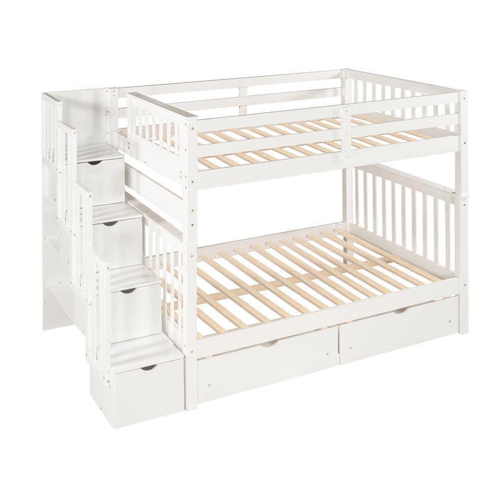 Full over Full Bunk Bed with Shelves and 6Storage Drawers - White