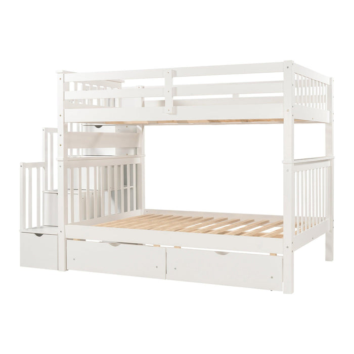 Full over Full Bunk Bed with Shelves and 6Storage Drawers - White