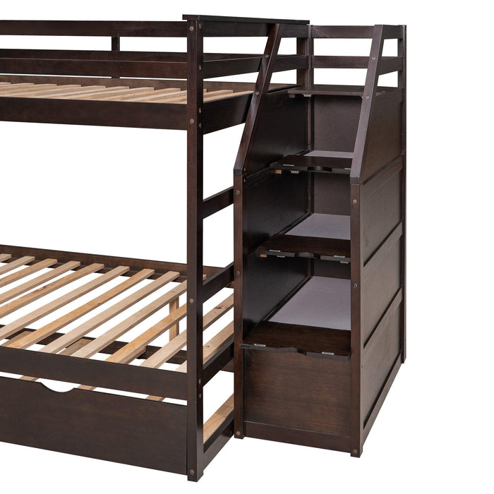 Full over Full Bunk Bed withStorage Staircase and Twin Size Trundle Bed - Espresso