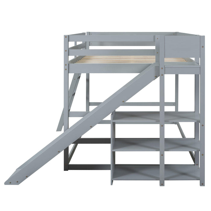 Full over Full Low Bunk Bed with Ladder, Slide and Shelves - Gray