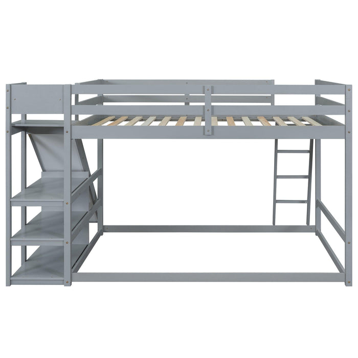 Full over Full Low Bunk Bed with Ladder, Slide and Shelves - Gray