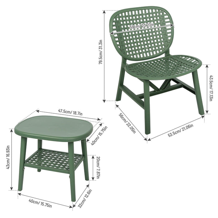 3 PCS Hollow Design Retro Outdoor Patio Tea Table and Chair Set - Green
