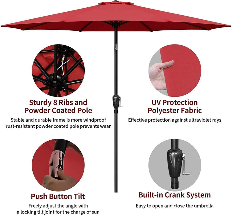 Simple Deluxe 9ft Outdoor Market Table Patio Umbrella with Button Tilt, Crank and 8 Sturdy Ribs for Garden - Red