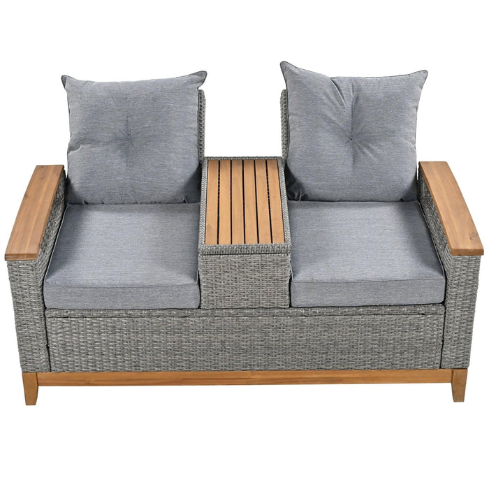 Outdoor Adjustable Rattan Loveseat withStorage Armrest with Gray Cushions