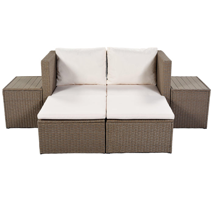 6 PCS Outdoor Garden PE Wicker Rattan Sectional Sofa Set with 2 Tea Tables and Beige Cushion